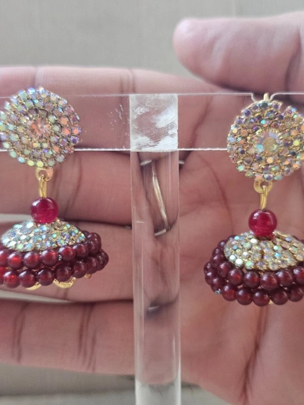 Indian Jhumka Earrings Burgundy Tone Beads Gold Tone Ethnic Fashion Ear Jewelry - Picture 12 of 13